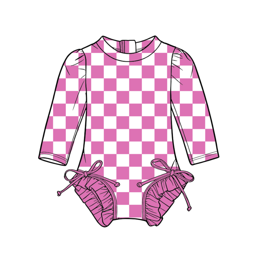 3.6 CUSTOM MOQ 5 Baby Girl Pink Plaid Team Long Sleeve One Pieces Swimsuits