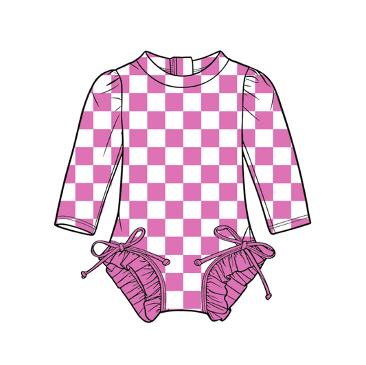 3.6 CUSTOM MOQ 5 Baby Girl Pink Plaid Team Long Sleeve One Pieces Swimsuits