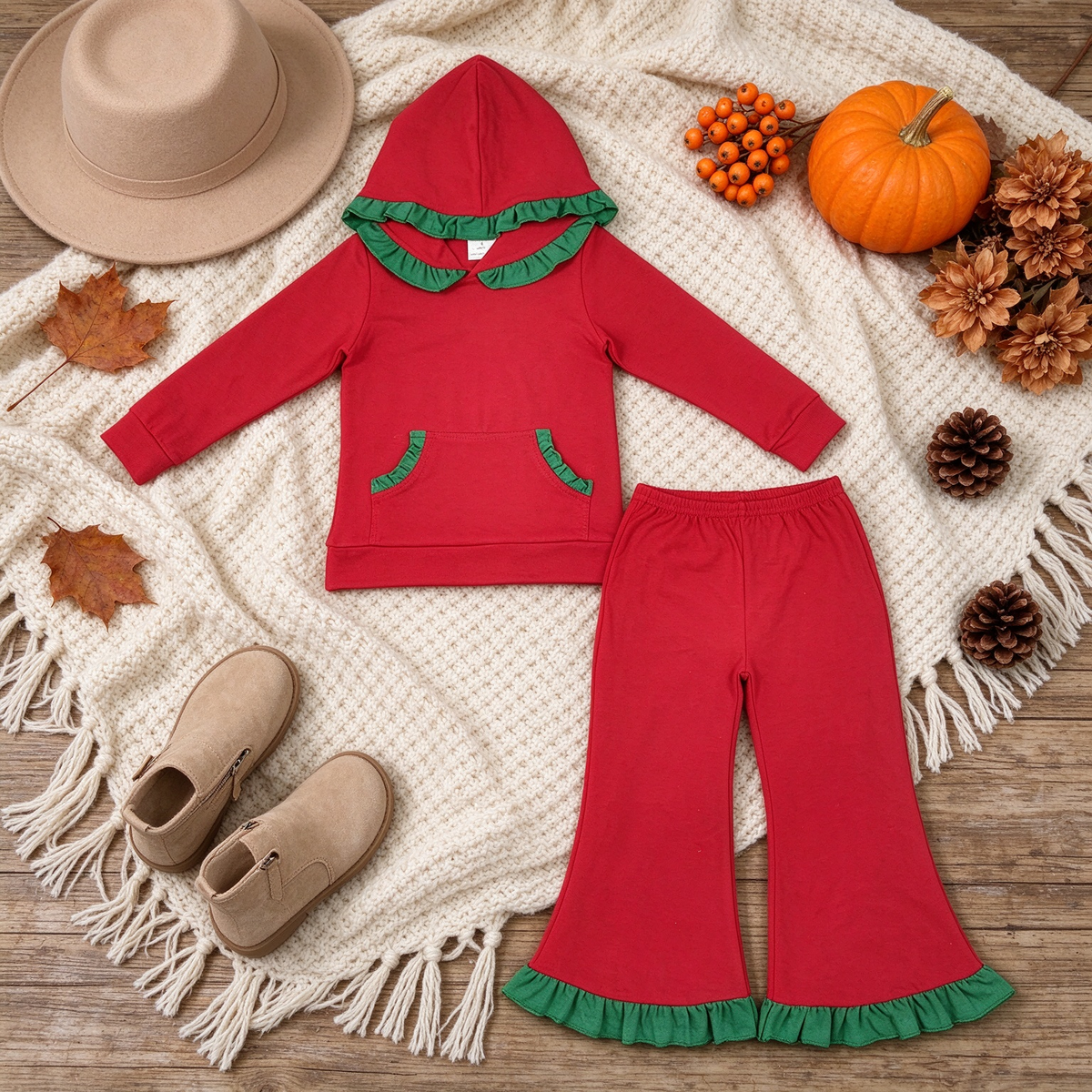 RTS NO MOQ （In stock） cotton GLP3751 Baby Girls Red Ruffle Hoodie Pockets Bell Bottom Pant Christmas Family Clothes Set