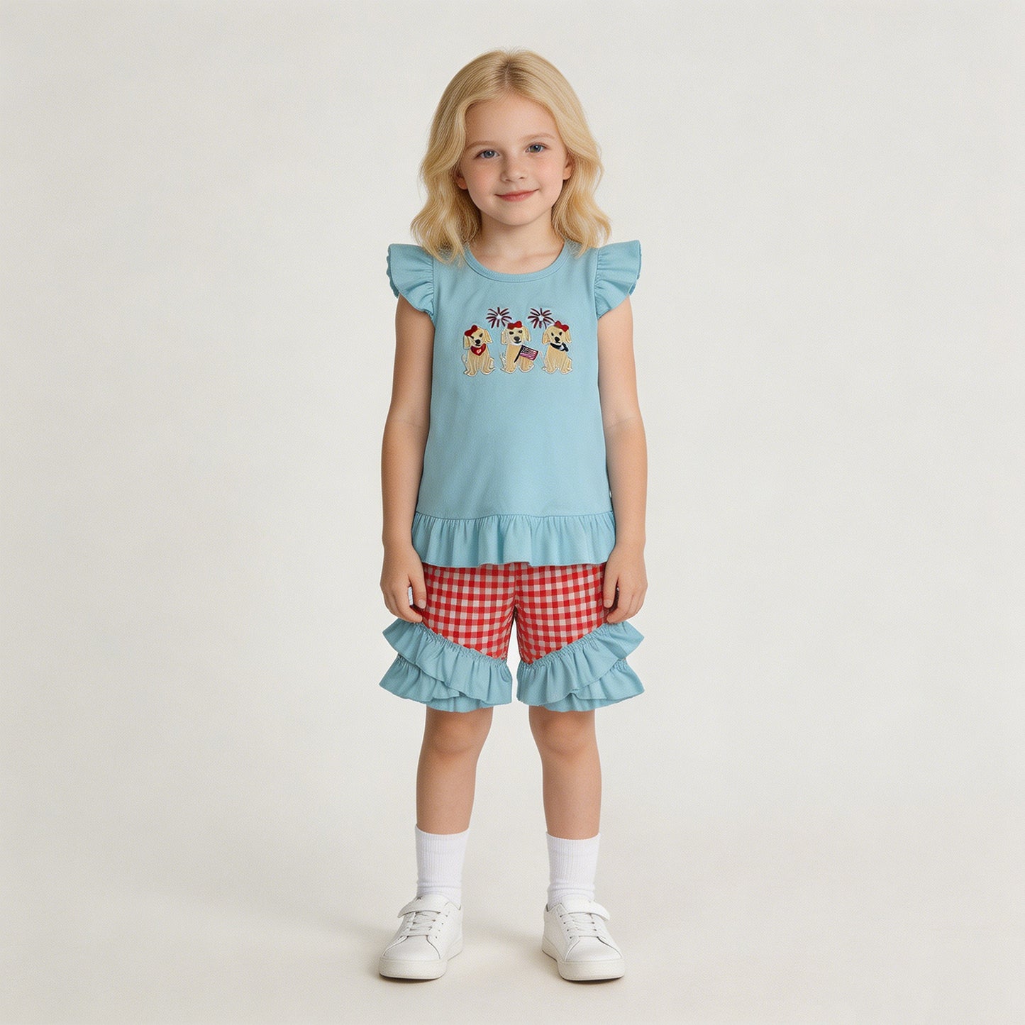 GSSO3356 RTS NO MOQ （In stock）Flutter sleeves dog flag embroidery girls 4th of july set