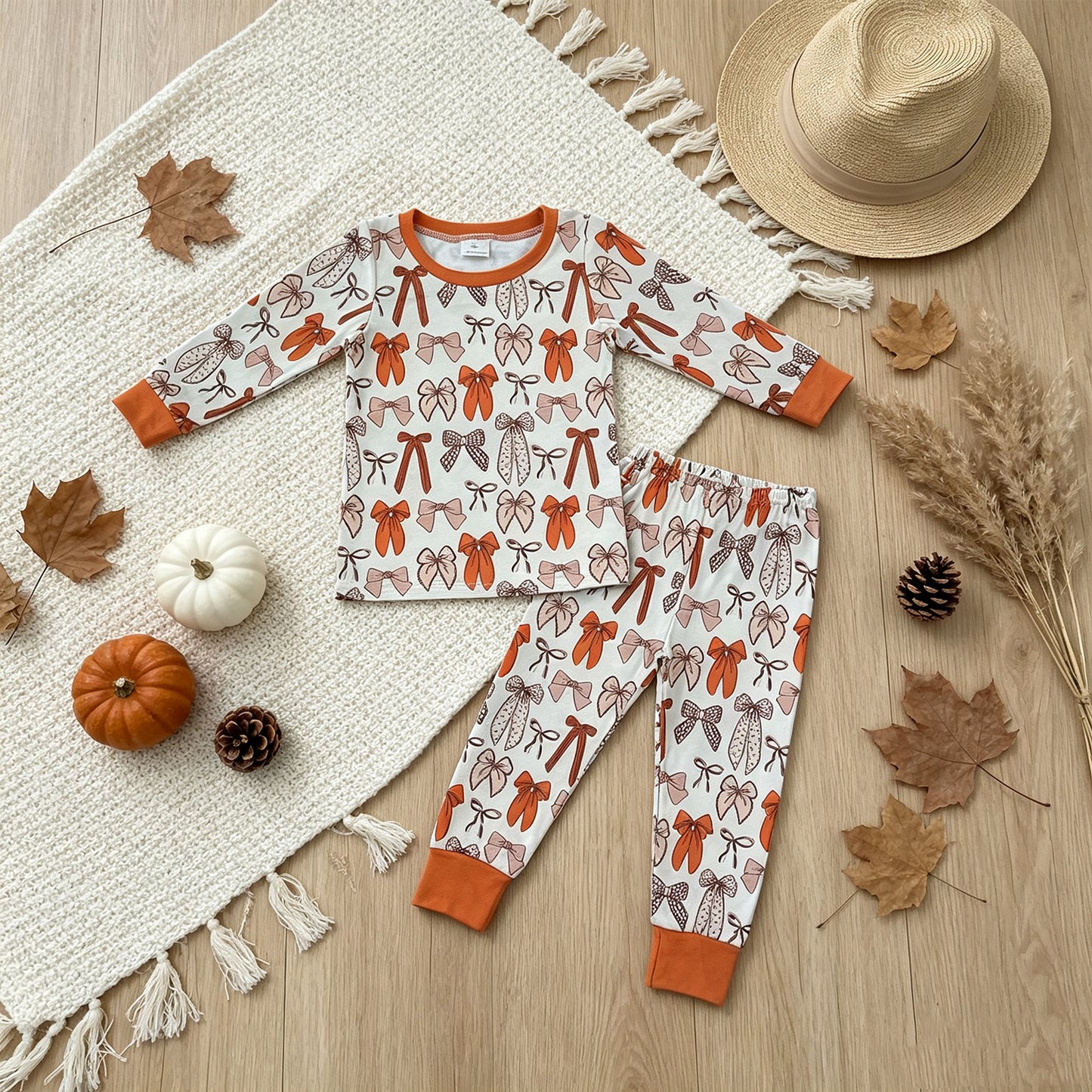 RTS NO MOQ （In stock）milk silk GLP3531 Baby Girls Long Sleeve Bows Plaid Top Pant Fall Pajamas Sets