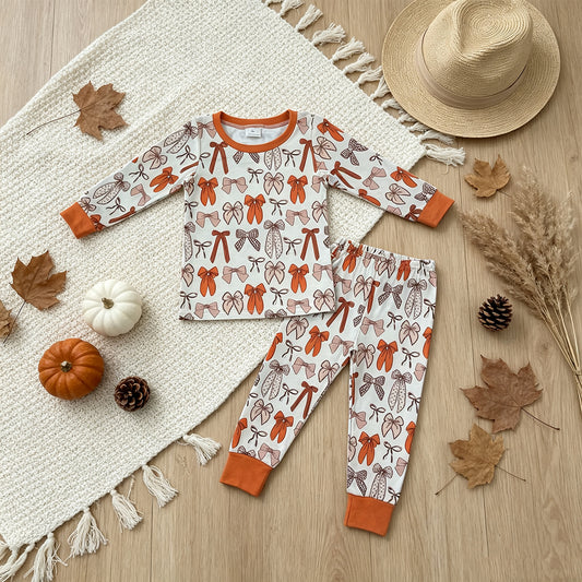 RTS NO MOQ （In stock）milk silk GLP3531 Baby Girls Long Sleeve Bows Plaid Top Pant Fall Pajamas Sets