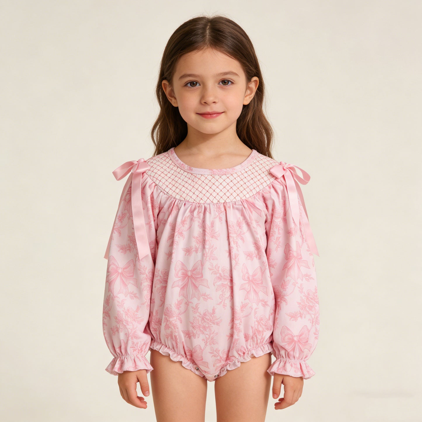 4.1 RTS NO MOQ （In stock）LR2932 Long sleeves pink smocked bow floral baby girls romper