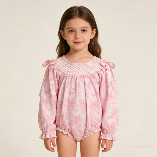 4.1 RTS NO MOQ （In stock）LR2932 Long sleeves pink smocked bow floral baby girls romper