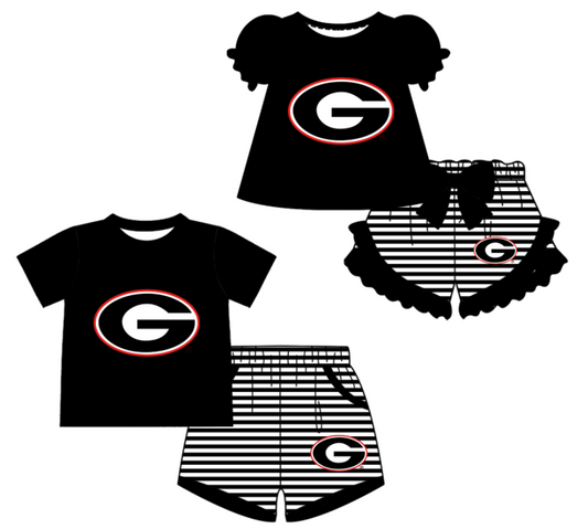 CUSTOM MOQ 5 Sibling Boys Baby Girls Black Top Stripe Shorts Clothes Sets