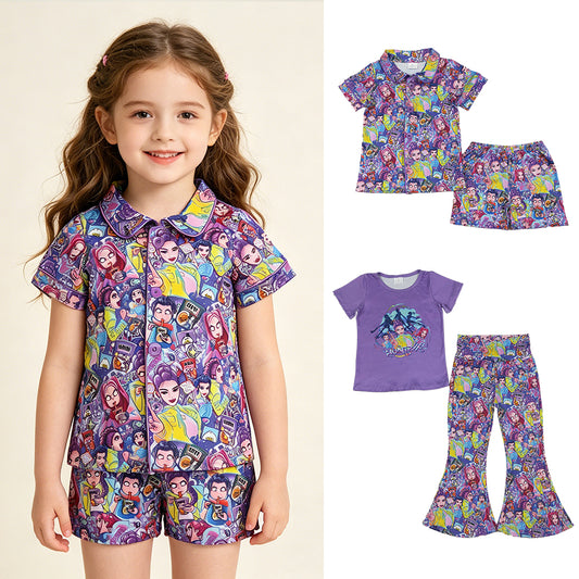 RTS Sibling Short sleeves purple top pants girls outfits and pajamas set