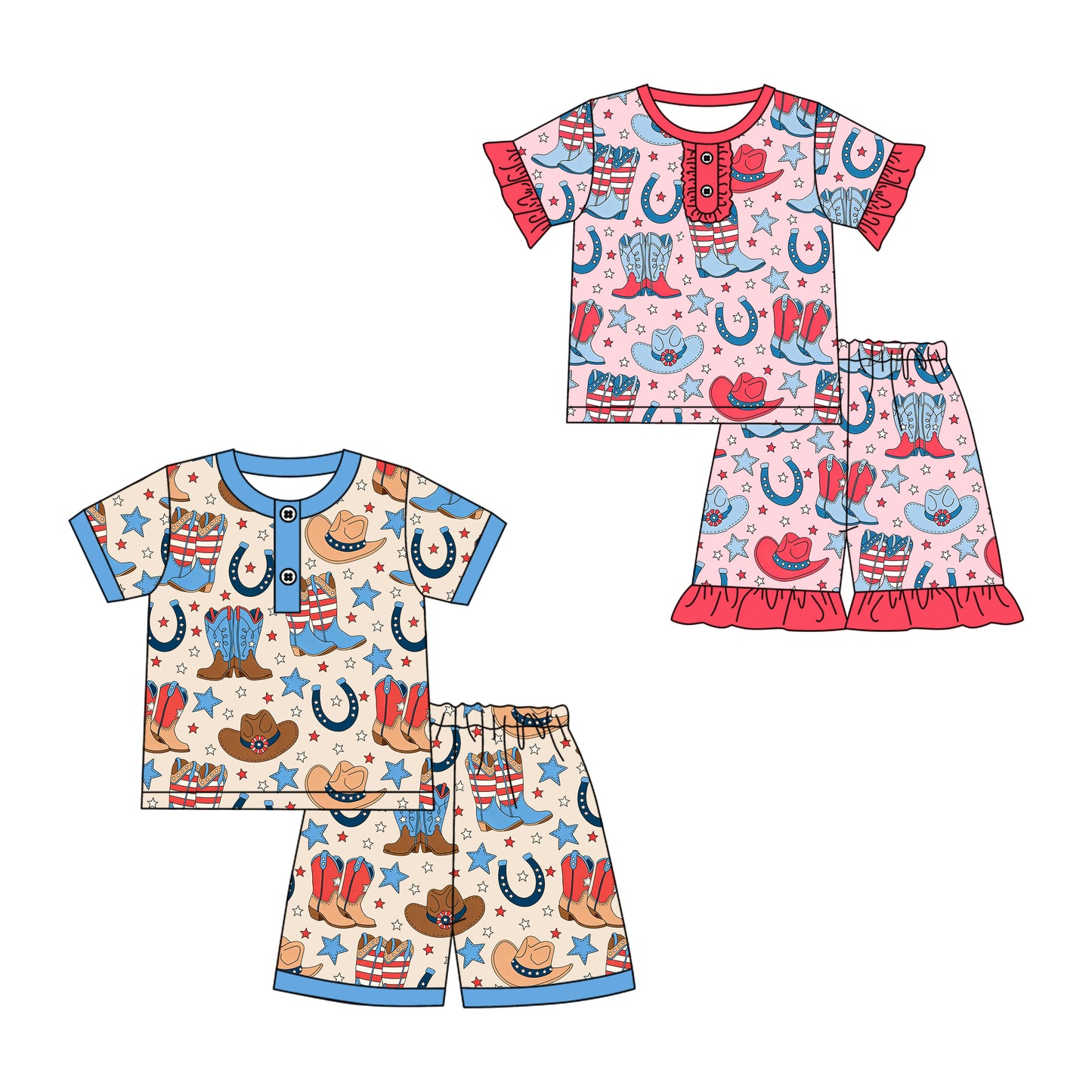 CUSTOM MOQ 5 Sibling Boys Baby Girls Western Boots Rodeo Shirts Shorts Pajamas