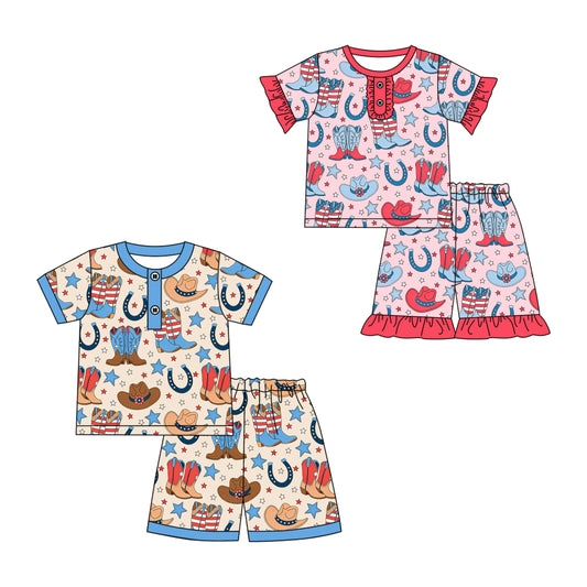 CUSTOM MOQ 5 Sibling Boys Baby Girls Western Boots Rodeo Shirts Shorts Pajamas
