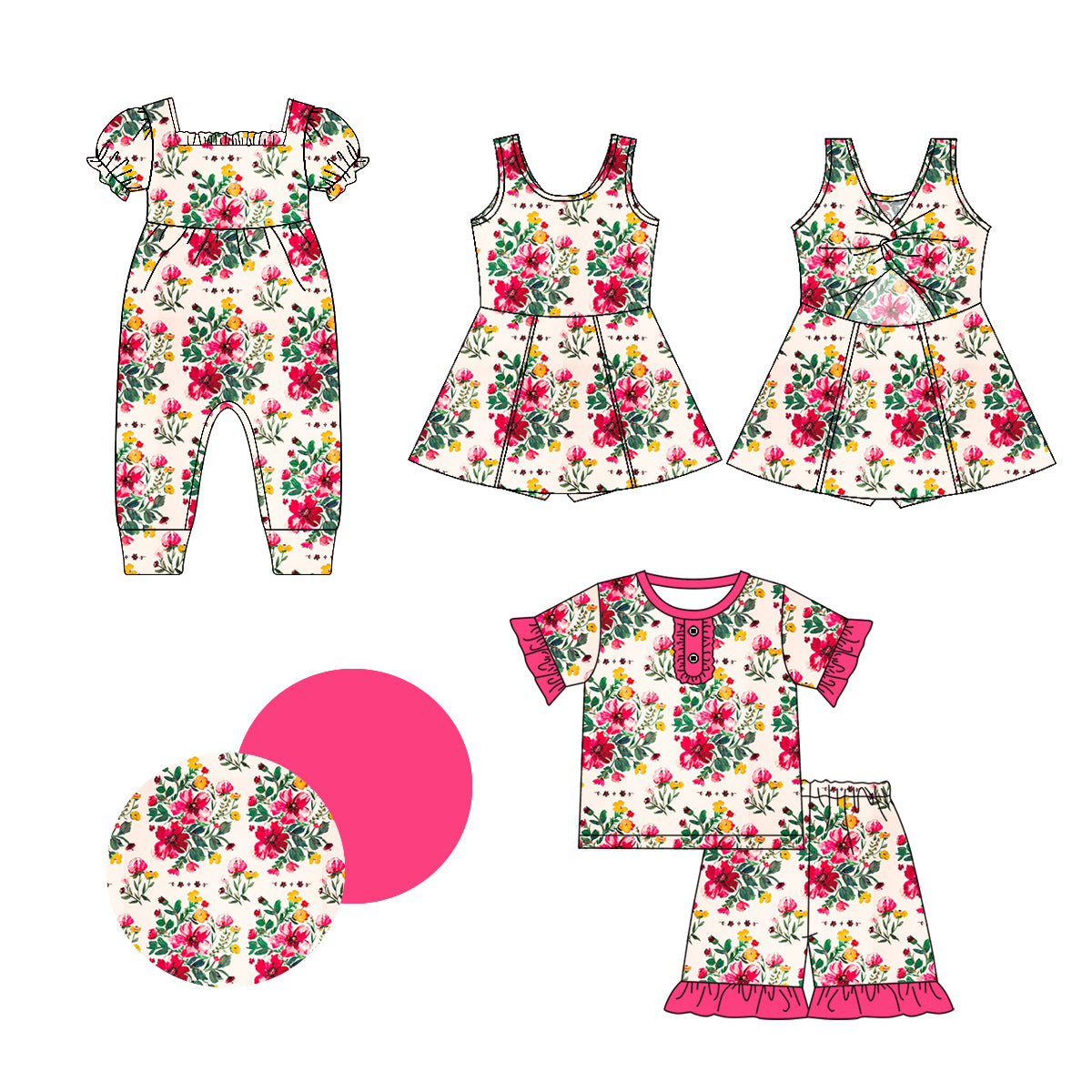Hot pink ruffle floral top shorts baby girls pajamas