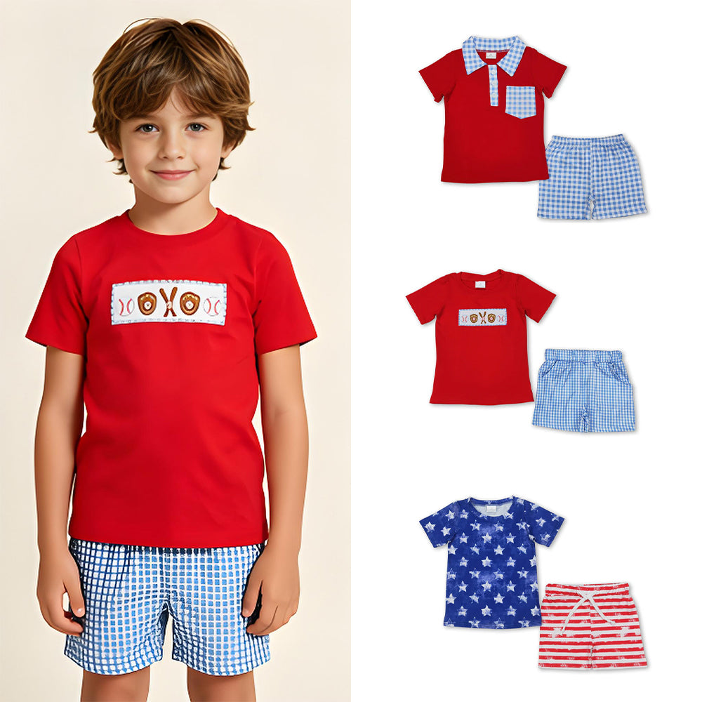 RTS Sibling Red top plaid shorts boys summer outfits