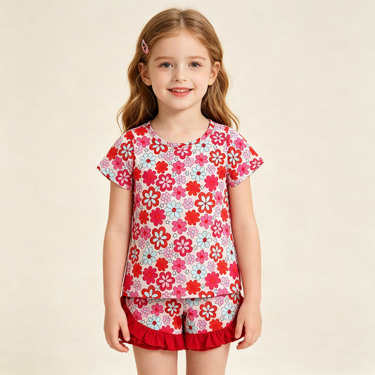 GSSO3471 RTS NO MOQ （In stock ）Short sleeves floral top red ruffle shorts girls outfits