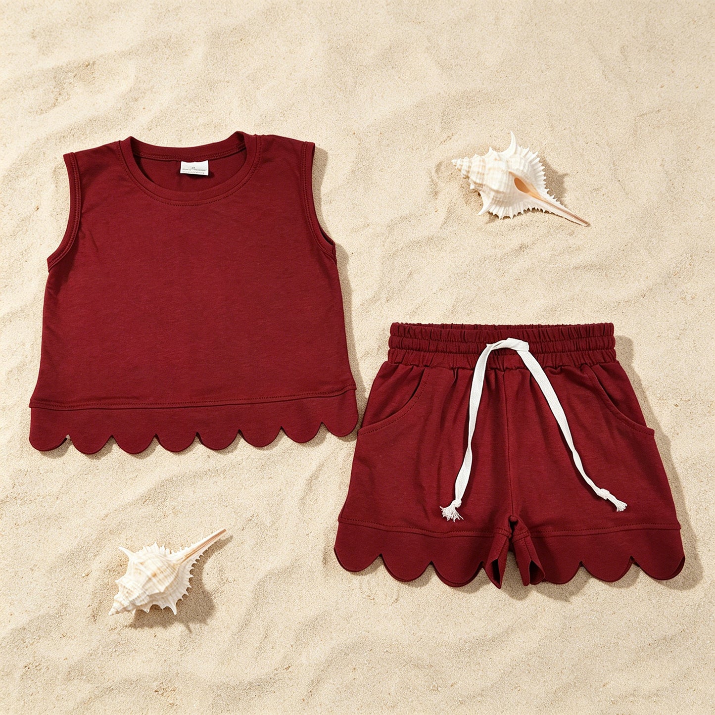 GSSO3734 RTS NO MOQ （In stock ）Sleeveless maroon scallop top shorts kids girls team outfits
