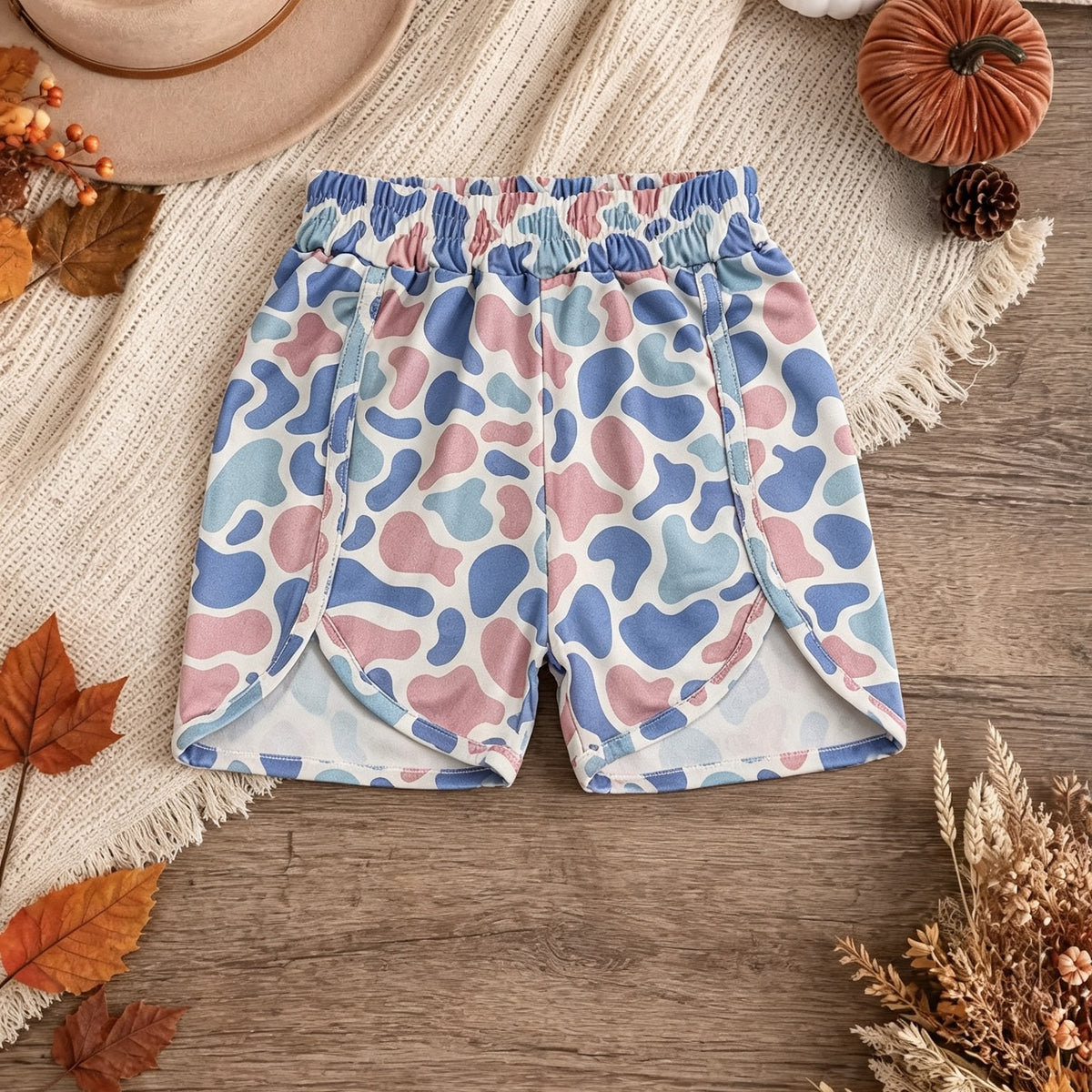 SS0856  RTS NO MOQ （In stock） milk silk Light blue pink camo kids girls summer shorts