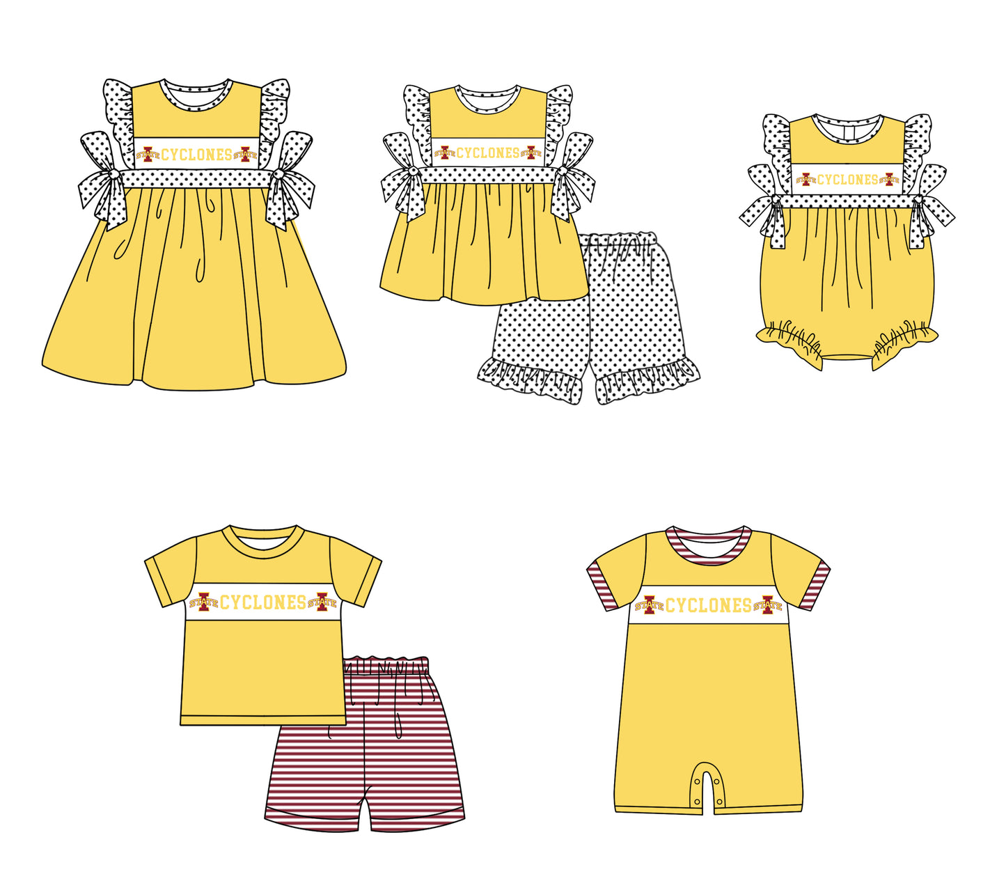 CUSTOM MOQ 5 Sibling Baby Kids Yellow Polka Dots Top Shorts Clothes Set Knee Length Dress Rompers