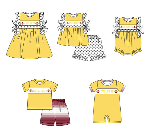 CUSTOM MOQ 5 Sibling Baby Kids Yellow Polka Dots Top Shorts Clothes Set Knee Length Dress Rompers