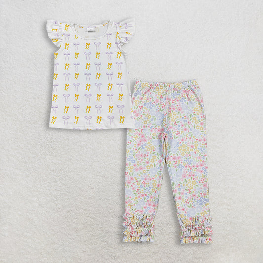 3.11 RTS NO MOQ （In stock）GT1147 + P1005 Baby Girls Yellow Lavender Bows Plaid Tee Shirts Top Flowers Ruffle Legging Pants Bottom