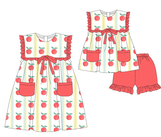 4.24 Pre order Girls Ruffle Apple Bow Tunic Ruffle Shorts Set Back to School Clothes Cute Kids Outfit with Bow Detailing