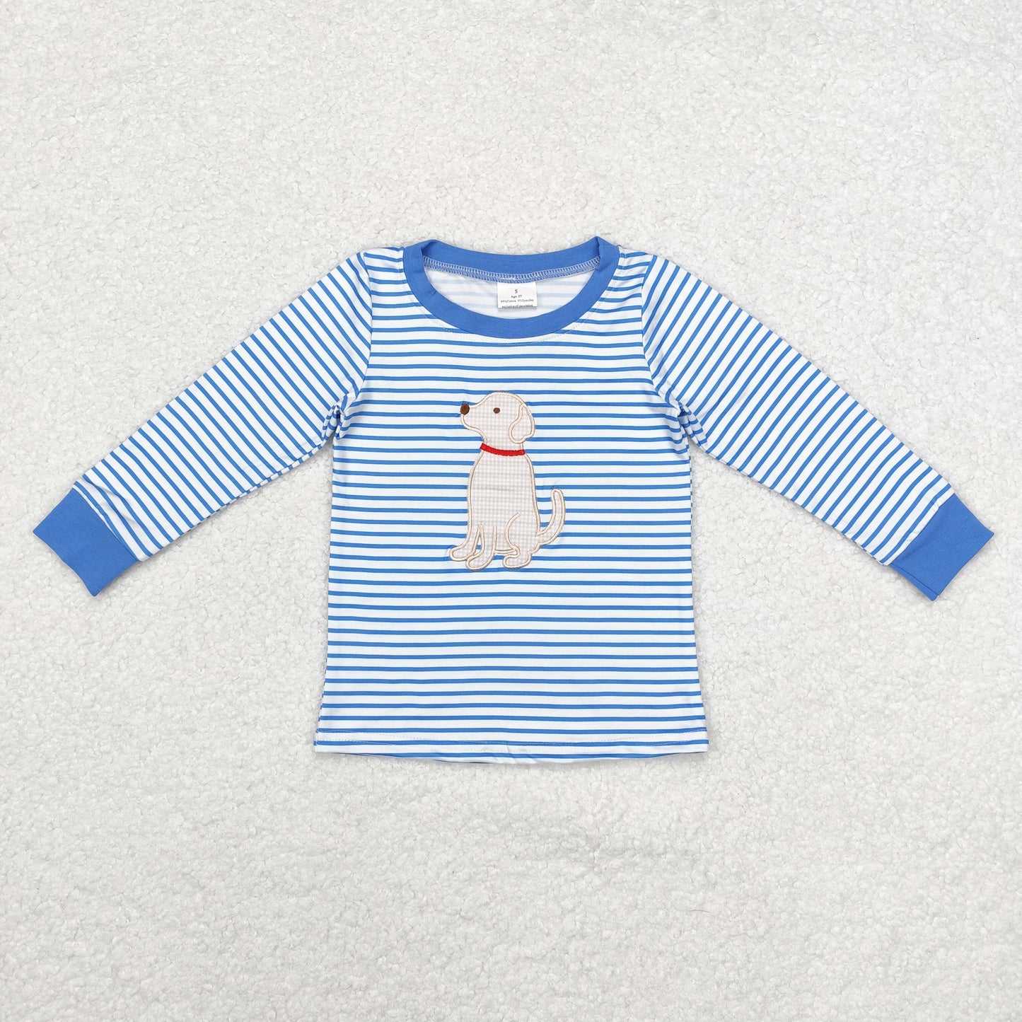 rts no moq BT0808 Embroidery Puppy Stripe Blue and White Long Sleeve Top