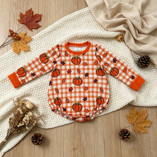 RTS NO MOQ （In stock） milk silk LR3236 Baby Boys Pumpkins Checked Long Sleeve Cute Fall Romper