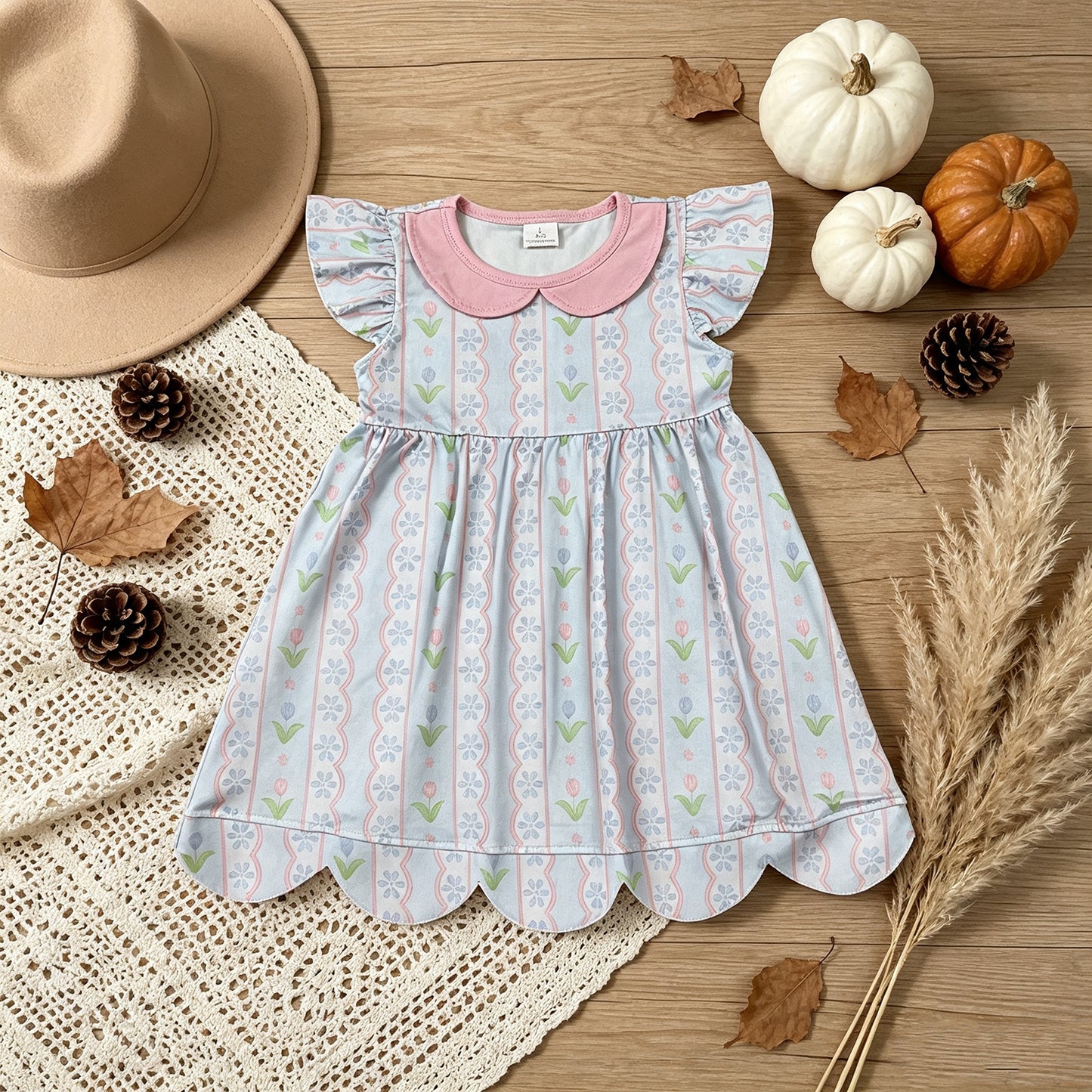 GSD3867 RTS NO MOQ （In stock） Baby Girls Flutter Sleeve Flowers Stripe Collar Scallop Knee Length Dresses