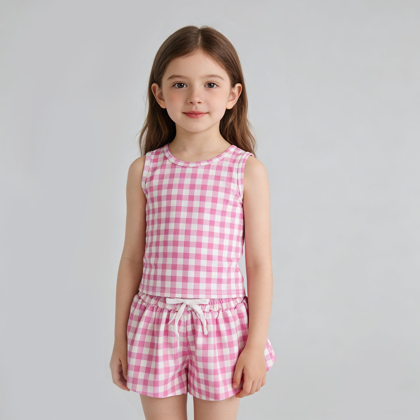 4.9 GSSO3478 RTS NO MOQ （In stock ）Sleeveless pink plaid top shorts girls active wear set