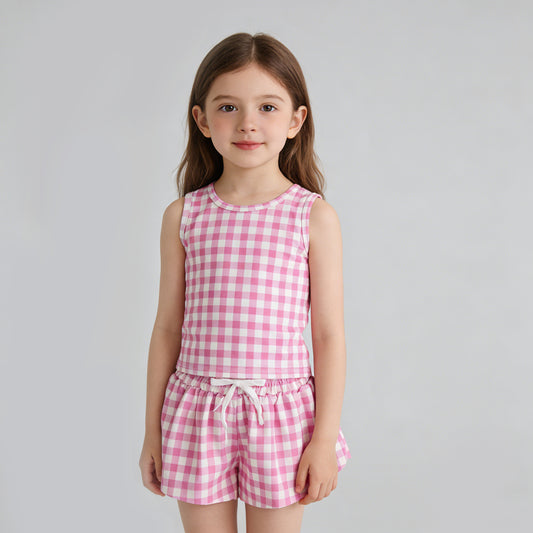 4.9 GSSO3478 RTS NO MOQ （In stock ）Sleeveless pink plaid top shorts girls active wear set