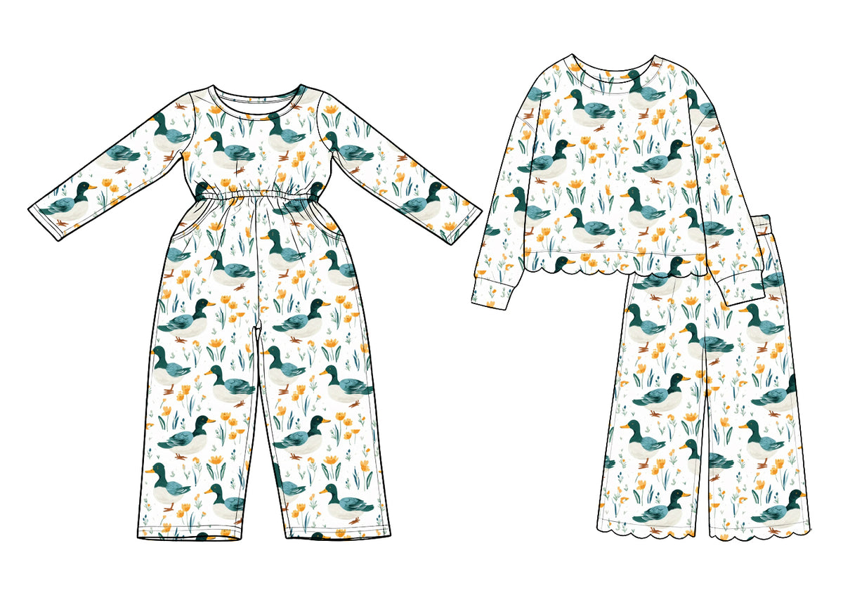 (Preorder new) No moq cotton Baby Girls Duck Floral Print Long Sleeve Waist Jumpsuit And Scalloped Top Wide Leg Pants Set