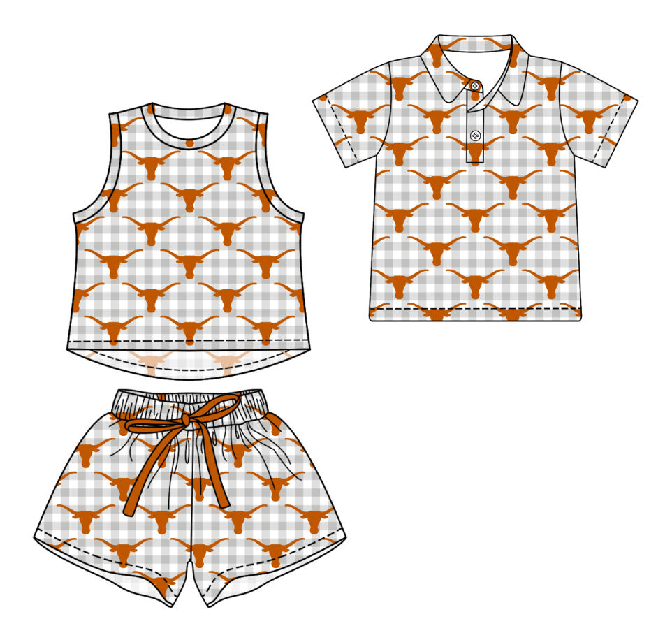 3.14 CUSTOM MOQ 5 Sibling Boys Baby Girls Summer Fashion Gray Check Cow Sleeveless Top Shorts Button Polo Shirts Team Clothes Sets