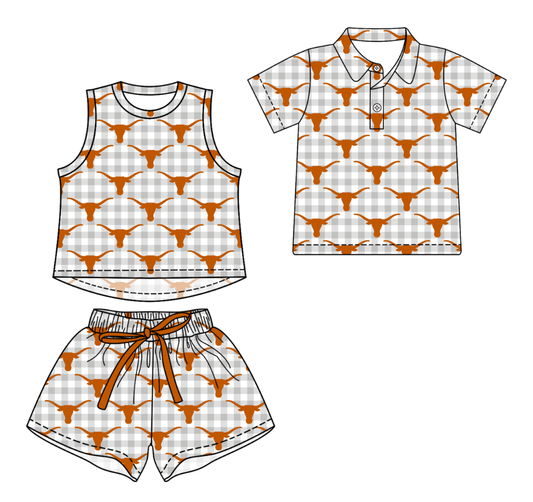3.14 CUSTOM MOQ 5 Sibling Boys Baby Girls Summer Fashion Gray Check Cow Sleeveless Top Shorts Button Polo Shirts Team Clothes Sets