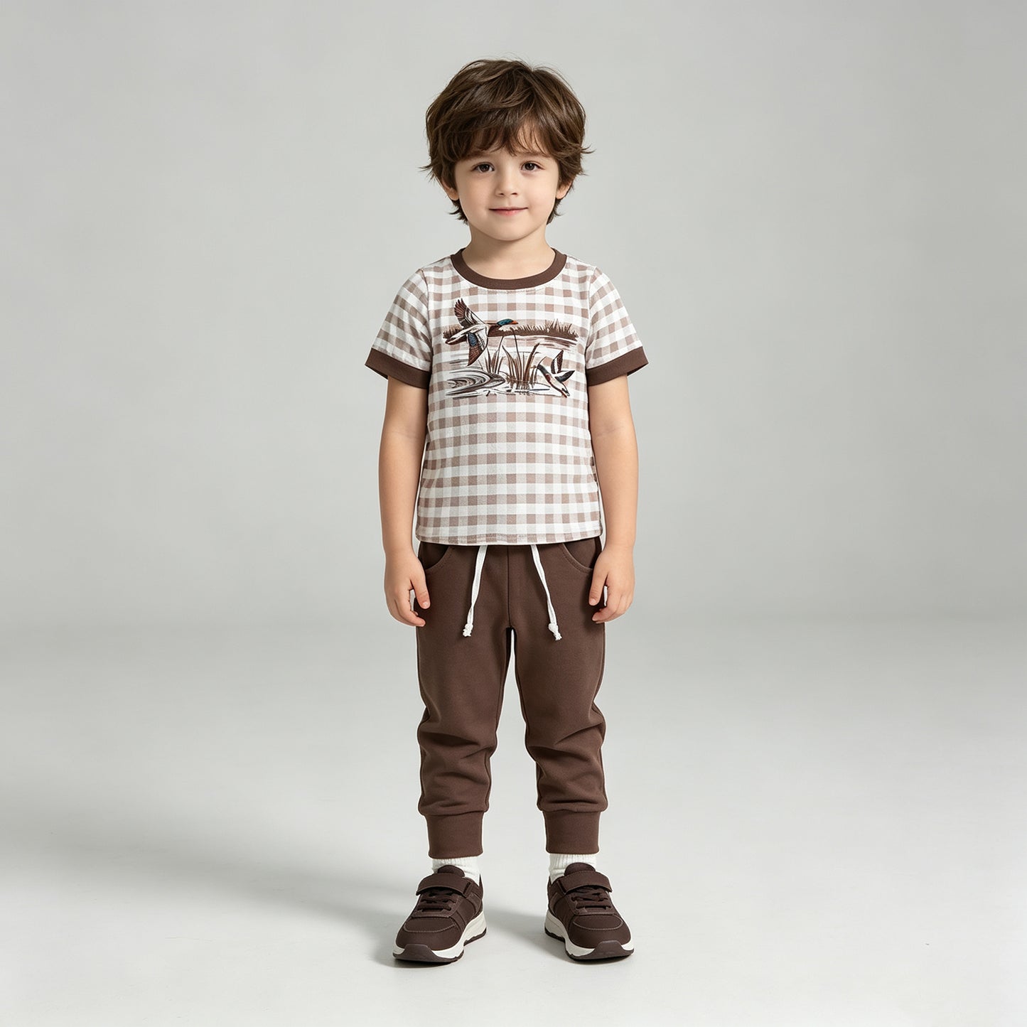 BSPO0689 RTS NO MOQ （In stock）milk silk Baby Boys Brown Checked Duck Print Pocket Long Sleeve Top Jogger Pants Clothes Set