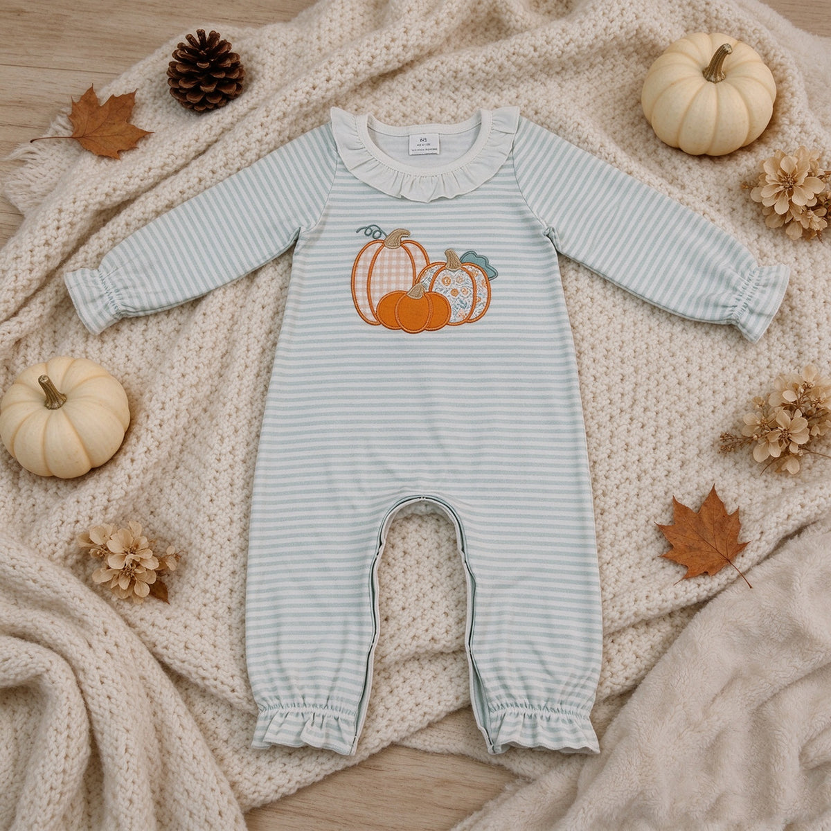 RTS NO MOQ （In stock）milk silk LR3137 Embroidery Flower Pumpkins Baby Girls Green Stripe Fall Pant Rompers