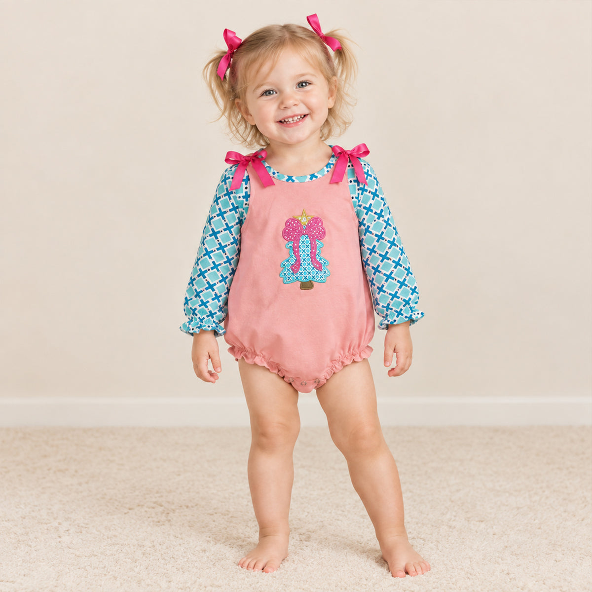 RTS NO MOQ milk silk LR3164 Embroidery Bow Trees Baby Girls Polka Dots Christmas Ruffle Rompers