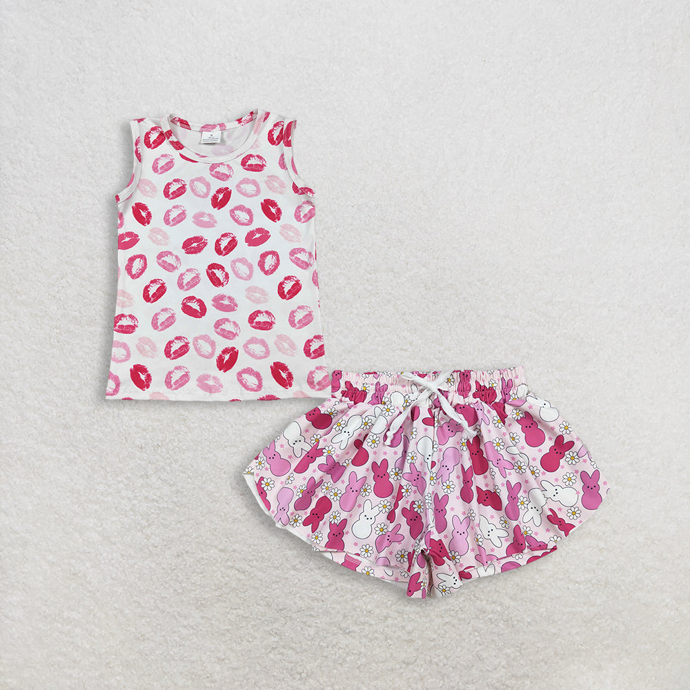 3.4 RTS NO MOQ （In stock）GT1419 + SS0714 Baby Girls Sleeveless Pink Mouths Valentines Vest Tops Easter Yoga Active Ruffle Shorts Bottom
