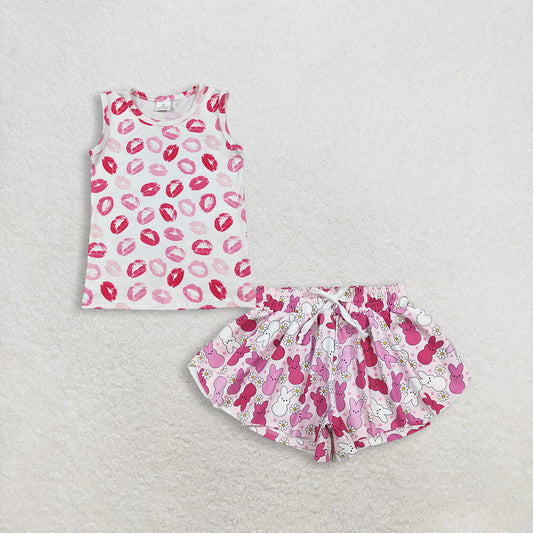 3.4 RTS NO MOQ （In stock）GT1419 + SS0714 Baby Girls Sleeveless Pink Mouths Valentines Vest Tops Easter Yoga Active Ruffle Shorts Bottom