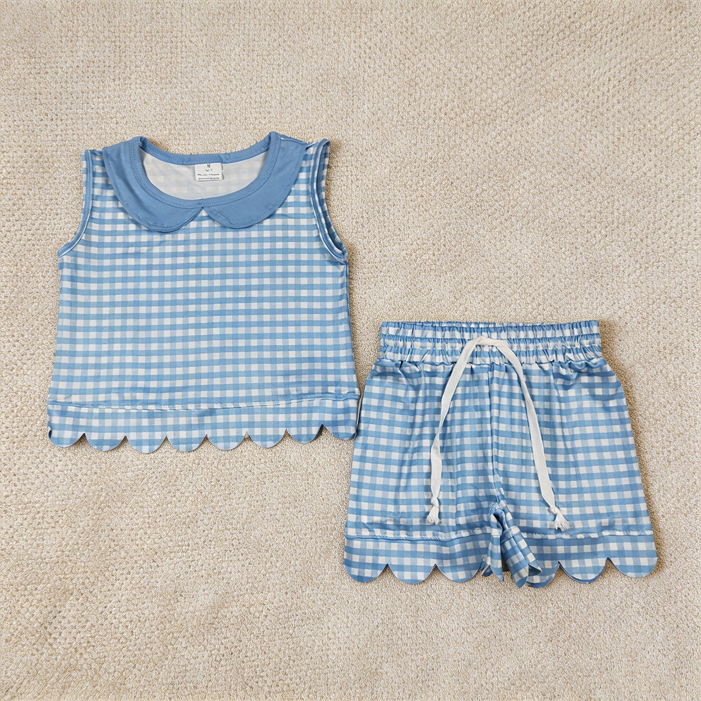 GSSO3397 RTS NO MOQ （In stock）Sleeveless light blue plaid scallop top shorts girls outfits