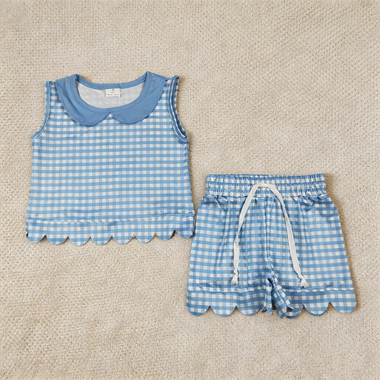 GSSO3397 RTS NO MOQ （In stock）Sleeveless light blue plaid scallop top shorts girls outfits