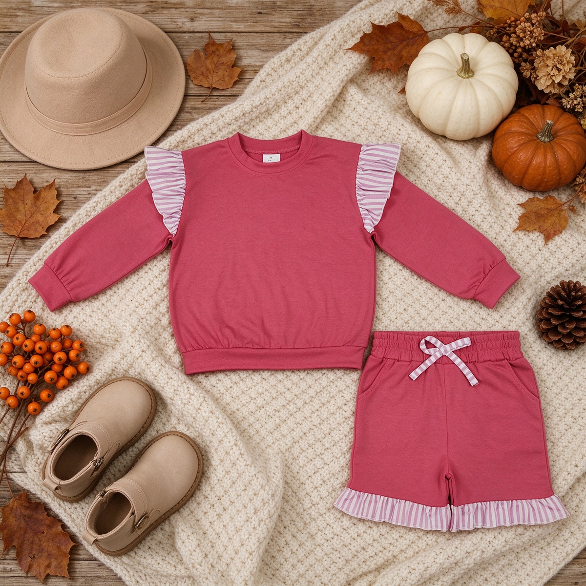RTS NO MOQ （In stock）cotton GLS0221（GT1848+SS1001） Baby Girls Watermelon Red Stripe Flutter Sleeve Top Pockets Ruffle Short Clothes Set