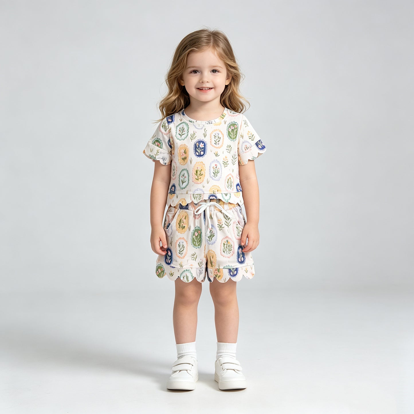 GSSO3643 RTS NO MOQ （In stock）Short sleeves scallop floral toddler girls summer clothes
