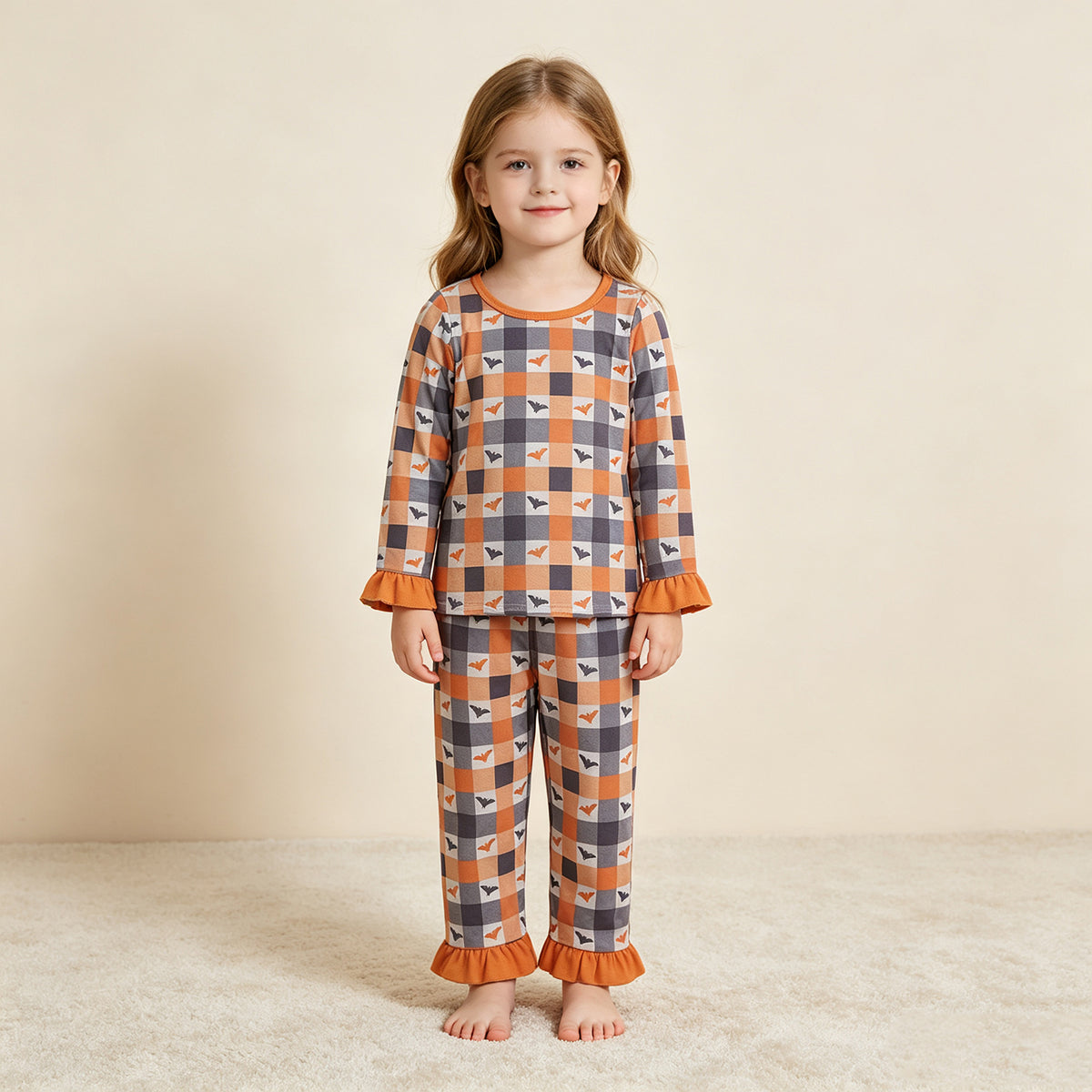 RTS NO MOQ （In stock）milk silk GLP3533 Baby Girls Bats Checked Top Ruffle Pant Halloweens Pajamas Sets