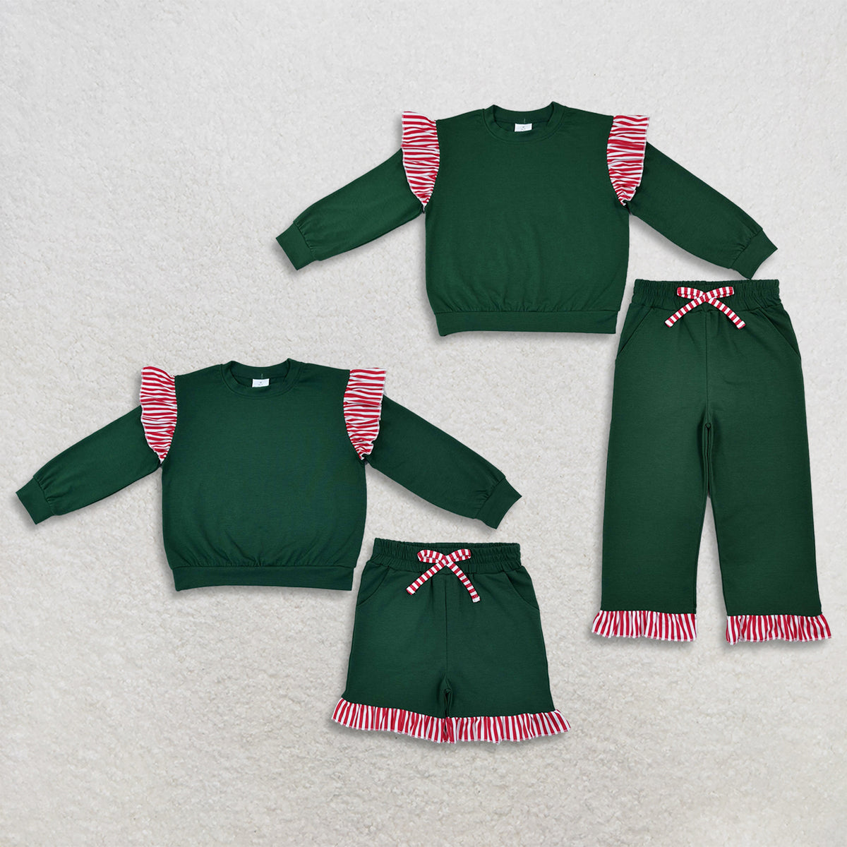 RTS NO MOQ Sibling milk silk Baby Girls Christmas Green Stripe Ruffle Long Sleeve Top Pant Short Set