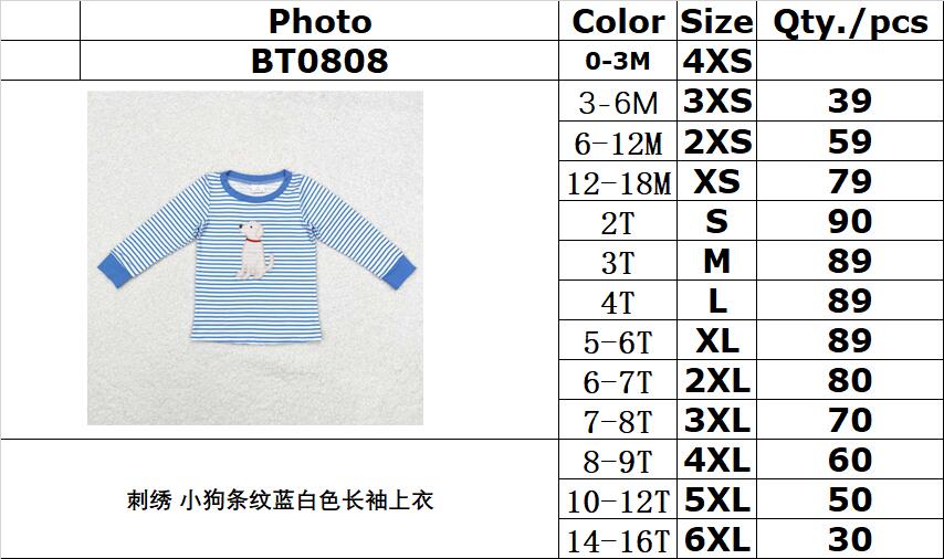 rts no moq BT0808 Embroidery Puppy Stripe Blue and White Long Sleeve Top