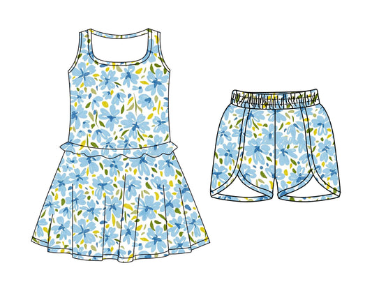 CUSTOM MOQ 5 Sibling Baby Girls Sleeveless Blue Flowers Knee Length Dress Bottom Shorts Yoga Athletic Sets