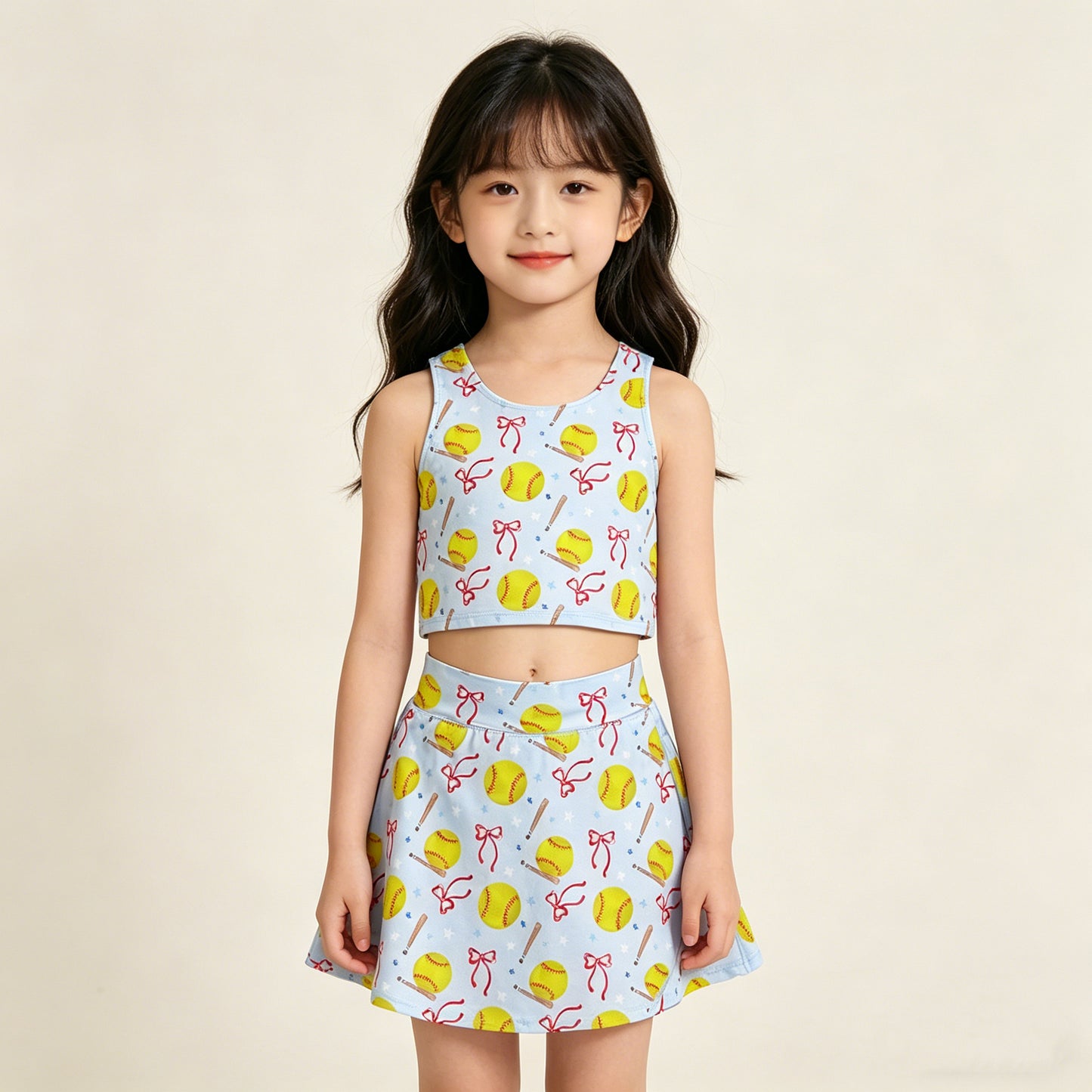 4.13 GSD3836 RTS NO MOQ （In stock）Sleeveless softball bow kids girls summer activewear set
