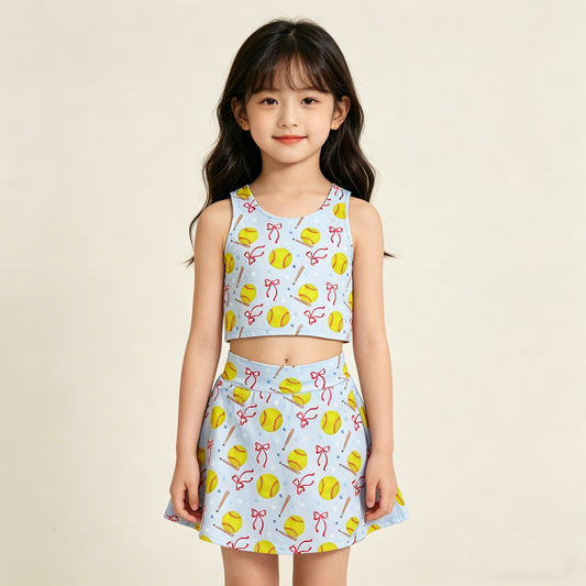 4.13 GSD3836 RTS NO MOQ （In stock）Sleeveless softball bow kids girls summer activewear set