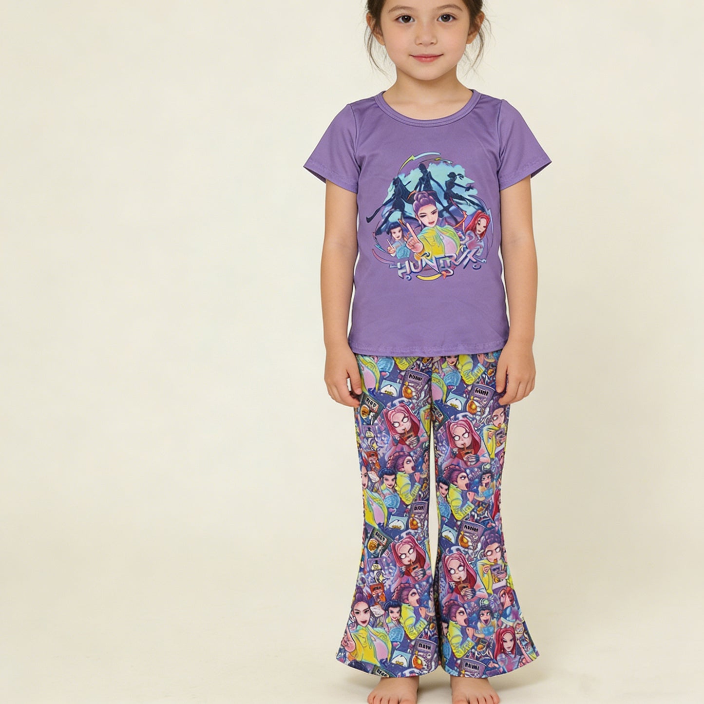 4.7 GSPO2272 RTS NO MOQ （In stock ）Short sleeves purple hunter top pants  girls outfits