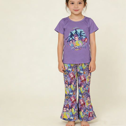 4.7 GSPO2272 RTS NO MOQ （In stock ）Short sleeves purple hunter top pants  girls outfits
