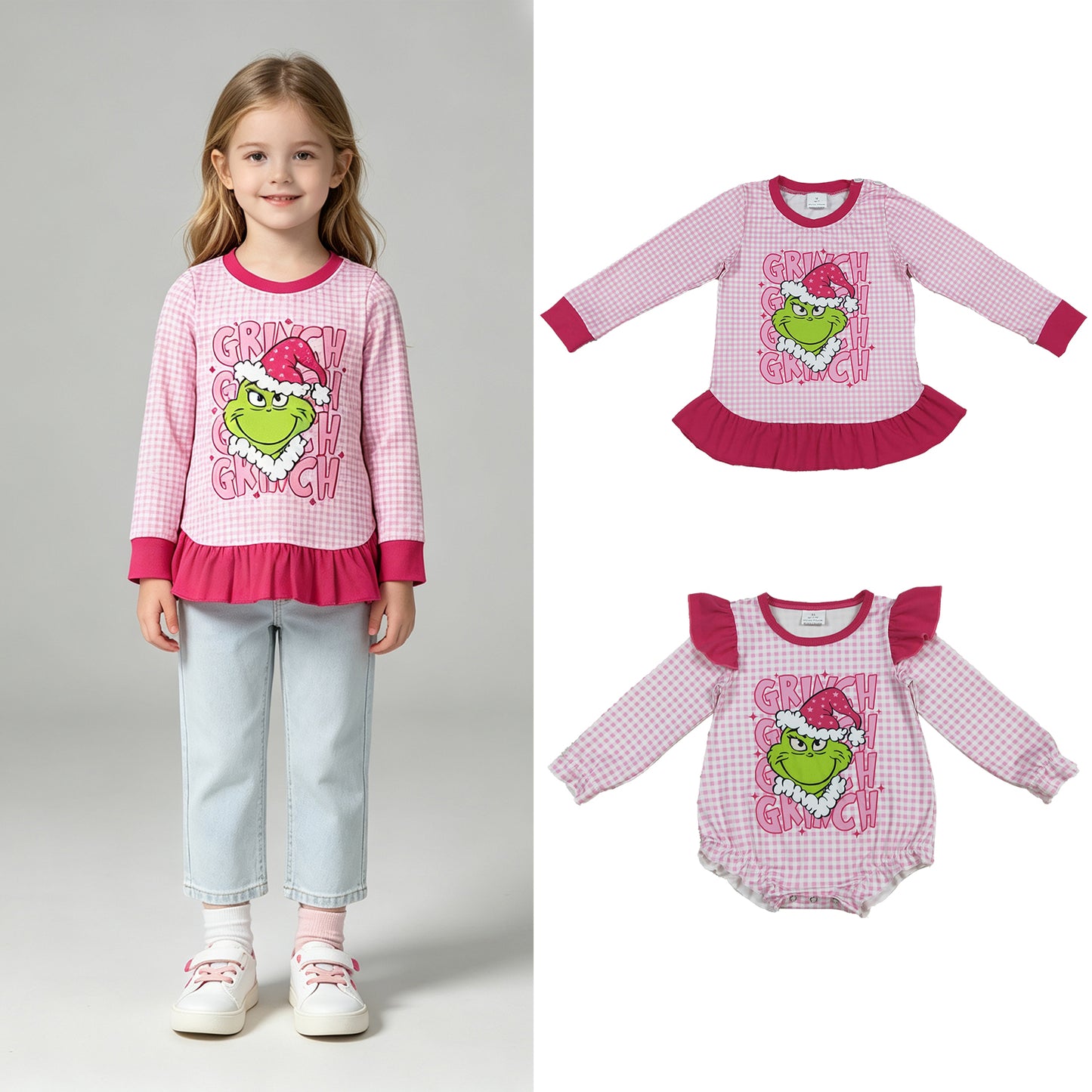 RTS NO MOQ Sibling milk silk Baby Girls Christmas Plaid Check Print Tee Shirts Top Ruffle Sleeve Rompers
