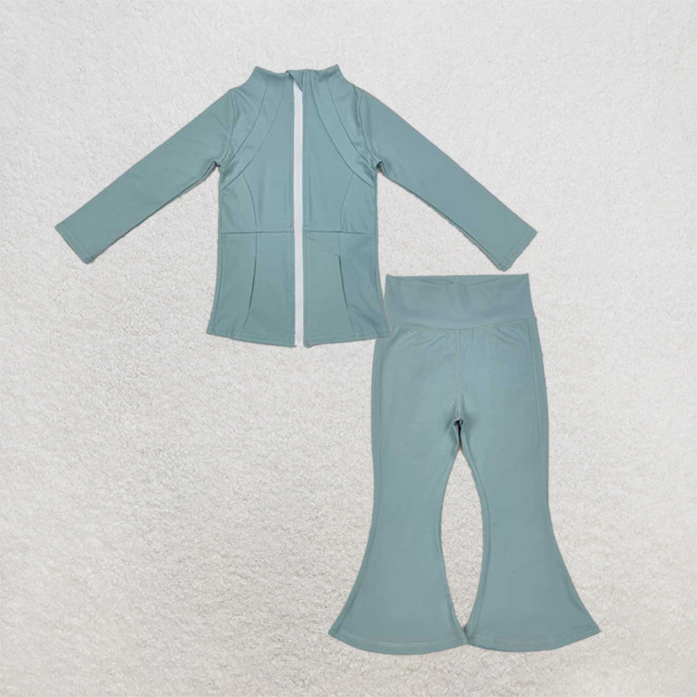 6.03  New Rts No Moq 8-9 Days By Air Arrived it Light Green Long Sleeve Zipper Baby Girl Yoga Top And Pants Set Comfortable Breathable Organic Cotton Outfit for Toddlers