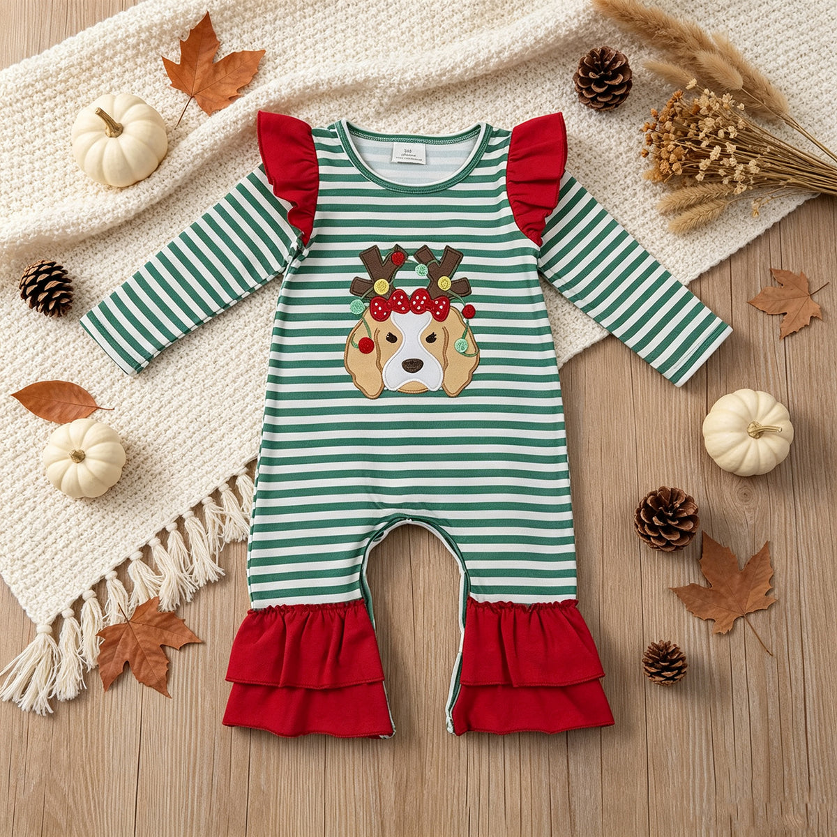 RTS NO MOQ （In stock）milk silk LR3145 Embroidery Lights Dog Baby Girls Green Stripe Christmas Ruffle Pant Rompers