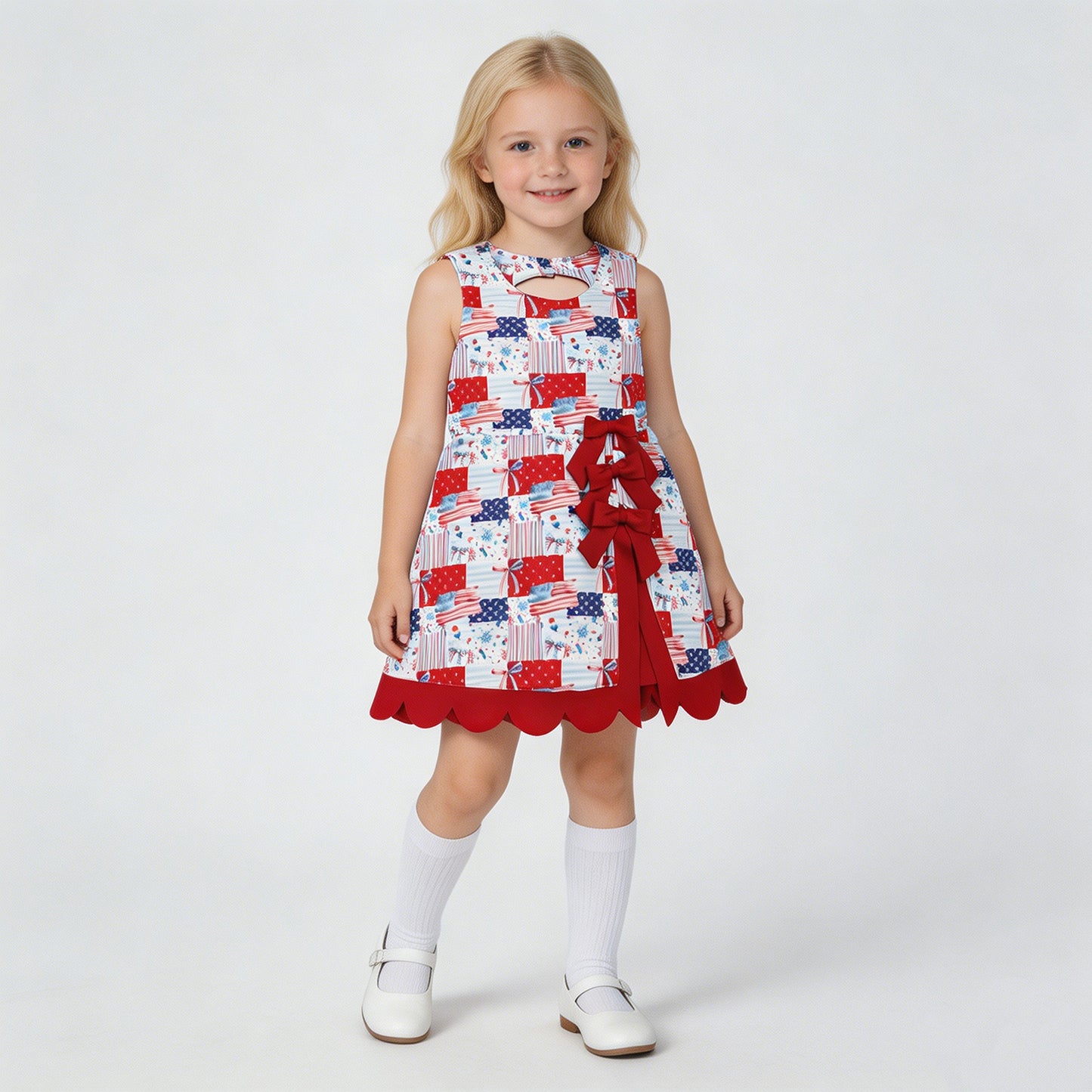GSD3945 RTS NO MOQ （In stock）Sleeveless flag bow scallop girls 4th of july athletic dress